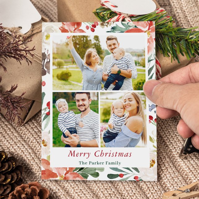 3 Photos Collage Merry Christmas Poinsettia Floral Holiday Card (Creator Uploaded)