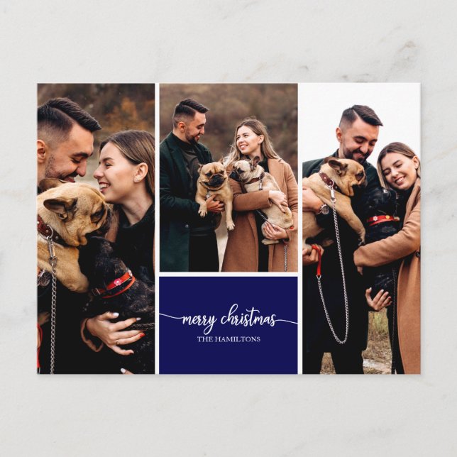 3 Photos Collage Stylish Merry Christmas Blue Postcard (Front)