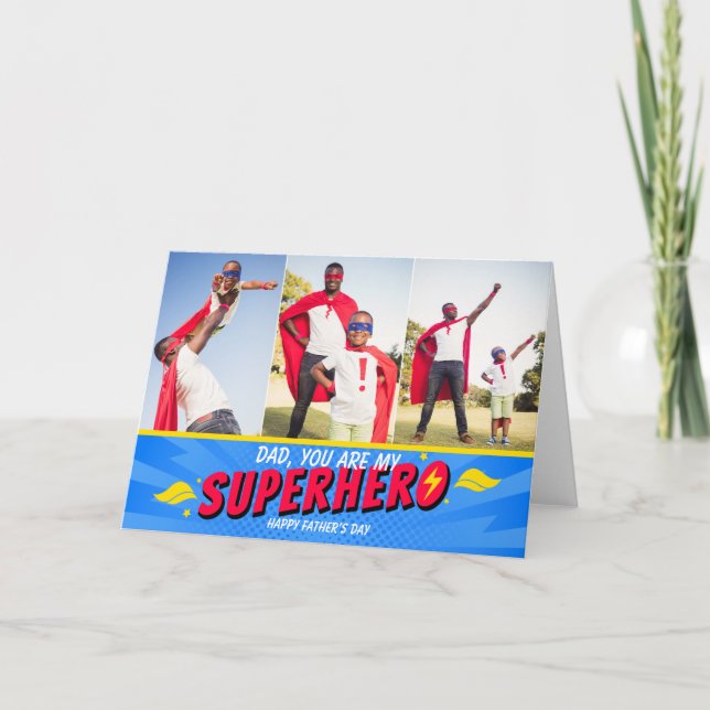 3 Photos Cute Comic Superhero Fathers Day Card (Front)