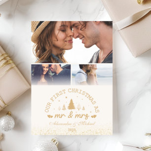 3 Photos First Christmas as Mr and Mrs gold Holiday Card