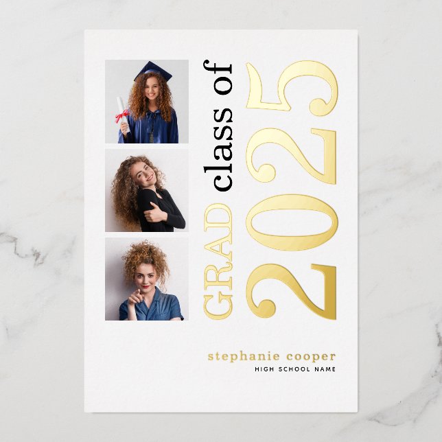 3 Photos Grad 2025 Real Gold Foil Faire-part (Recto)