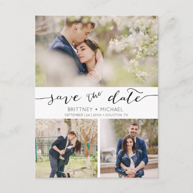 3 Photos Handwritten Save the Date | Postcard (Front)