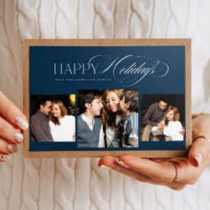 3 photos Happy Holidays Script Blue Christmas Card