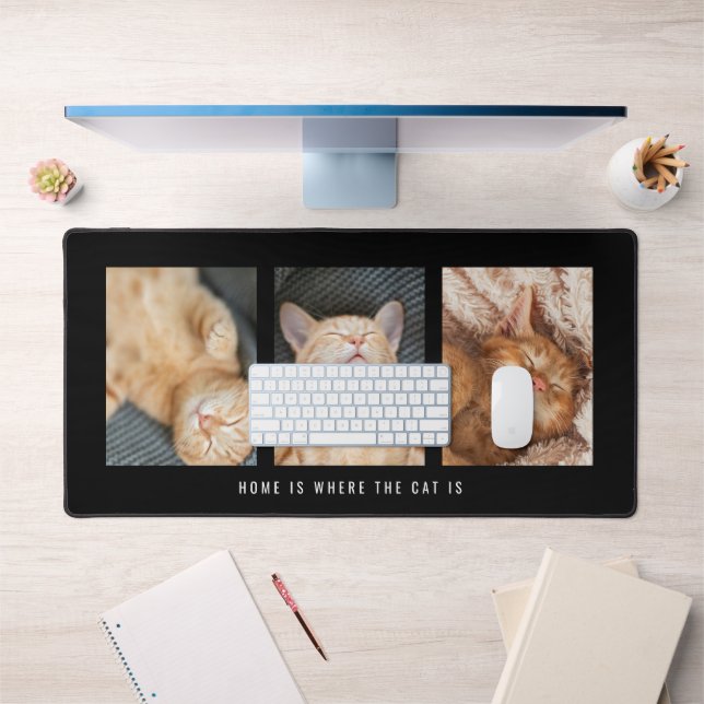 3 Photos Home Is Where The Cat Is Black Desk Mat (Office 1)