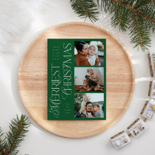 3 Photos Merriest Christmas Green Holiday Card