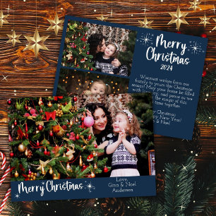 3 Photos Merry Christmas Modern Script Navy Blue Holiday Card