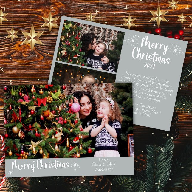 3 Photos Merry Christmas Modern Script Silver Holiday Card (Creator Uploaded)