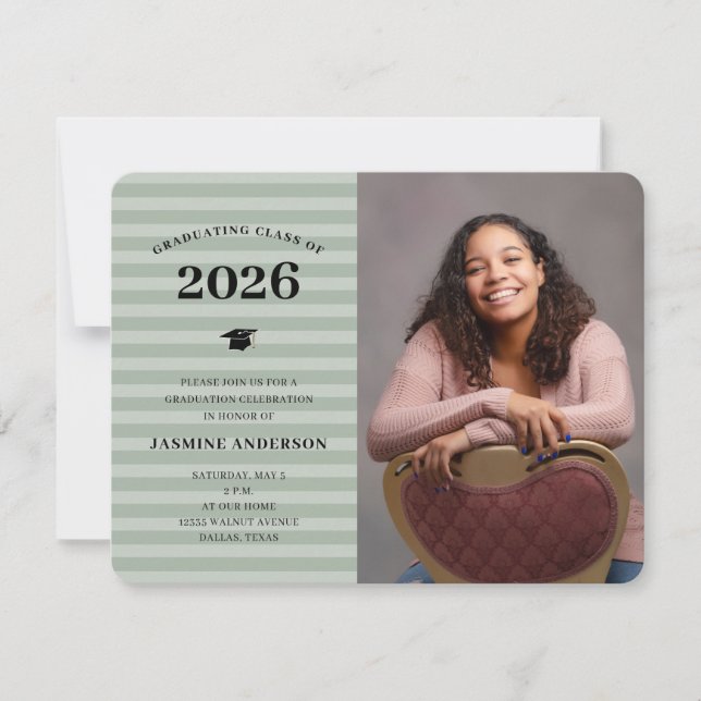 3 Photos Modern Sage Stripes Graduation Party Invitation (Front)
