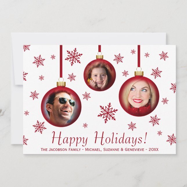 3 Photos Red Bauble Ornaments & Snowflakes Holiday Card (Front)