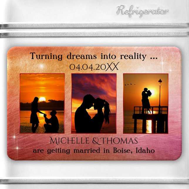 3 Photos Romantic Colorful Save the Date Magnet (Save the Date magnet featuring 3 of your own photos framed by a metallic colorful design.)