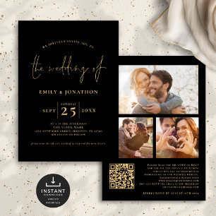 3 Photos Script QR Code Black Gold Wedding Invitation
