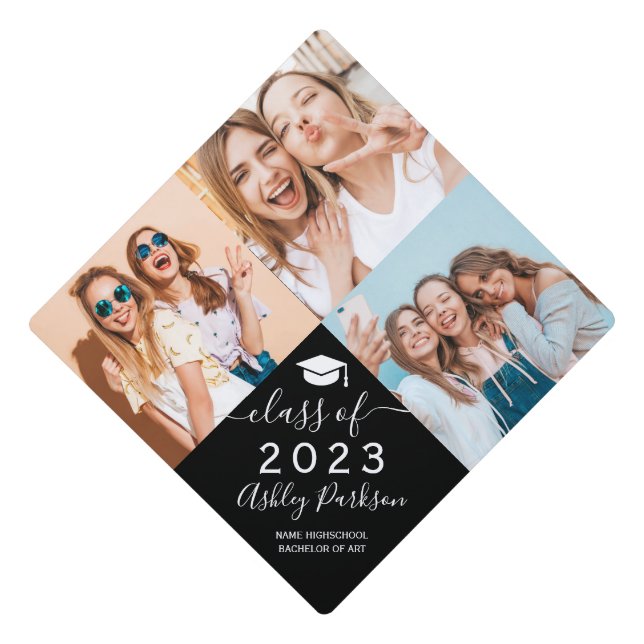 3 photos simple black and white graduate script graduation cap topper (Front)