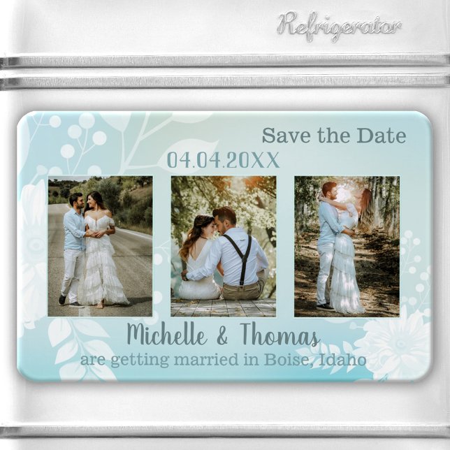 3 Photos Turquoise Pastel Magnet de Rappel (Save the Date magnet featuring 3 of your own photos framed by a pastel teal turquoise floral design.)