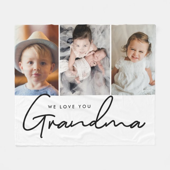 3 photos We love you Grandma Script Personalized Fleece Blanket (Front (Horizontal))