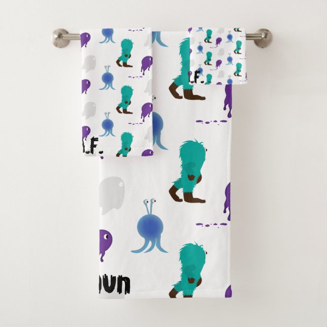 3 piece towel set with a parade of silly monsters (Insitu)