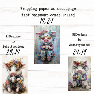 3 Piggies Tea Time Party Decoupage Wrapping Paper