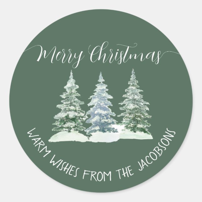 3 Pine Trees Rustic Sage Green Merry Christmas Classic Round Sticker (Front)