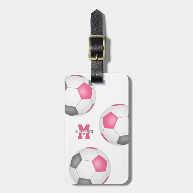 3 pink grey white soccer balls girls sports luggage tag (Front Vertical)