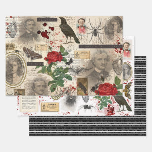 3 Poe Halloween Gothic Collage Ephemera Sheets