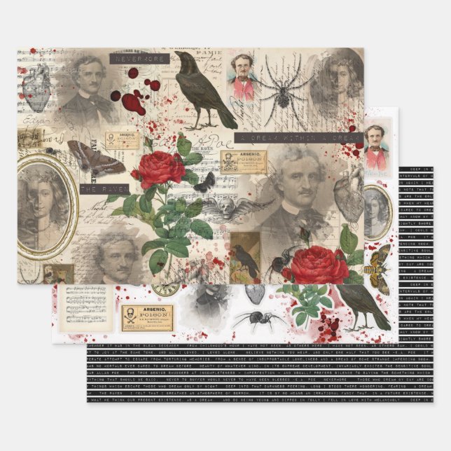 3 Poe Halloween Gothic Collage Ephemera Sheets (Set)