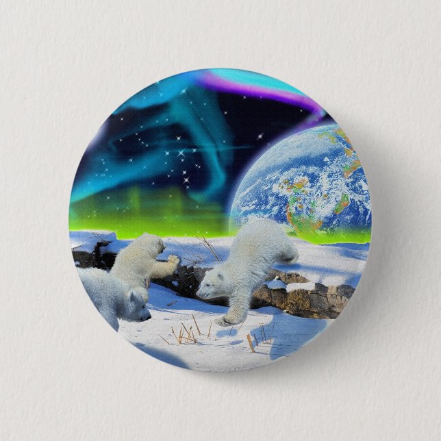 3 Polar Bear Cubs Playing in Snow - Earth Day Art 2 Inch Round Button (Front)