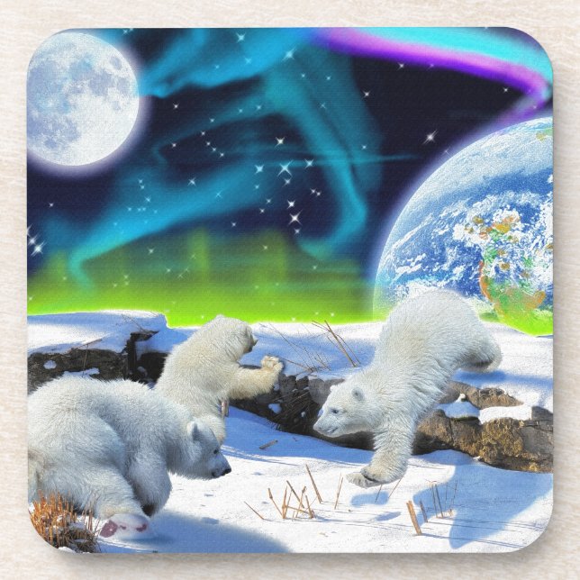 3 Polar Bear Cubs Playing in Snow - Earth Day Art Coaster (Front)