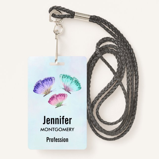3 Pretty Pastel Watercolor Butterflies Badge (Front with Lanyard)