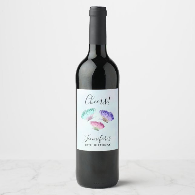 3 Pretty Pastel Watercolor Butterflies Birthday Wine Label (Front)