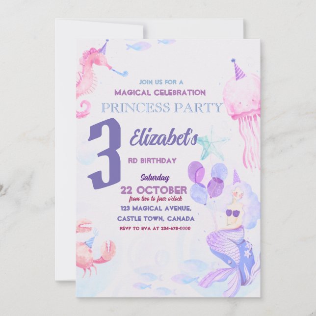 3 Princess Mermaid Colourful Under the Sea Birthda Invitation (Front)