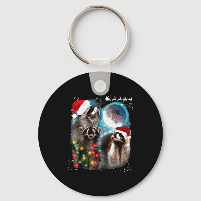 3 Racoon Moon Howling Raccoon Christmas Santa Raco Keychain (Front)