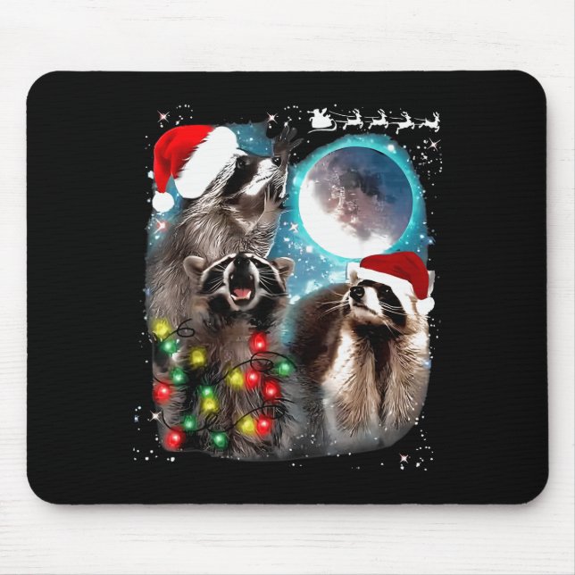 3 Racoon Moon Howling Raccoon Christmas Santa Raco Mouse Pad (Front)