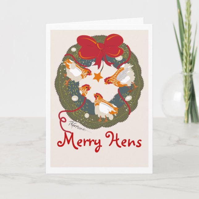 3 Red bow hens on wreath Christmas Card (Front)