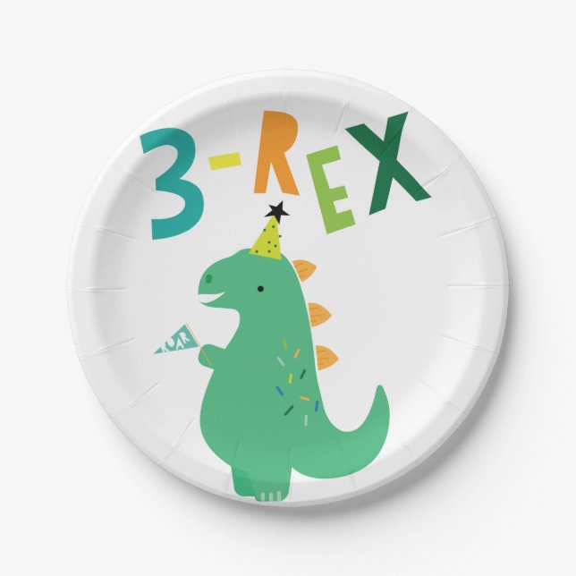 3-Rex Dinosaur 3rd Birthday Party Plates (Front)