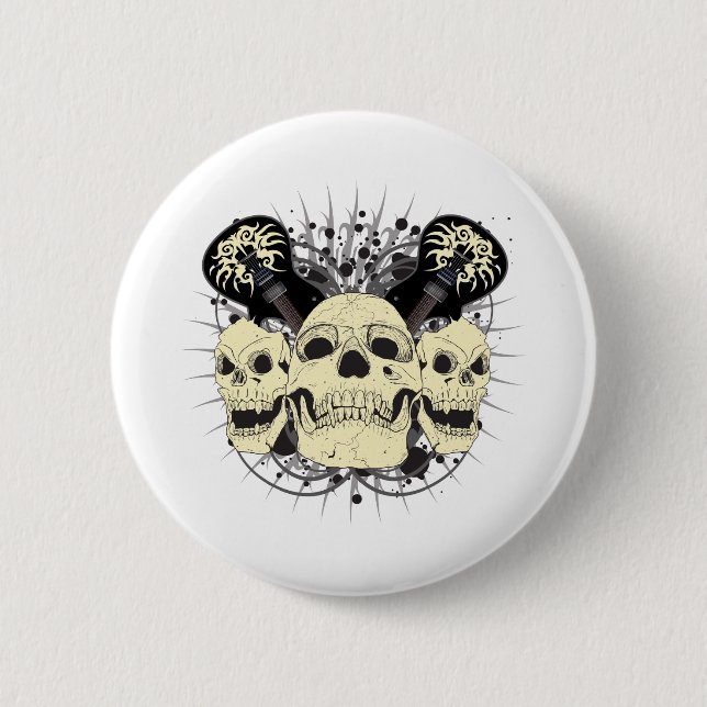 3 Rock n Roll Skulls 2 Inch Round Button (Front)