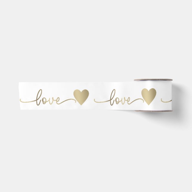 3" Romantic Gold Script Love Hearts Wedding    Satin Ribbon (Front)
