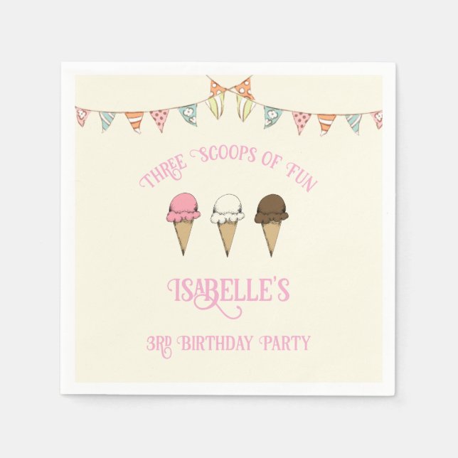 3 Scoops of Fun 3rd Birthday Ice Cream Party  Napkin (Front)