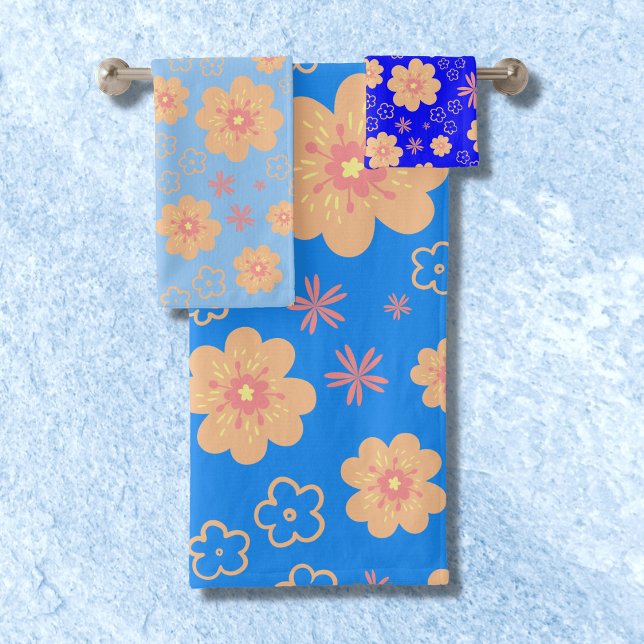 3 Set Blue Orange Floral Pattern Bath Towels (Creator Uploaded)