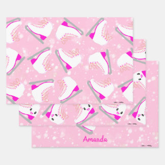 3-SET Personalized Ice Skating Patterns Pink Gift Wrapping Paper Sheet