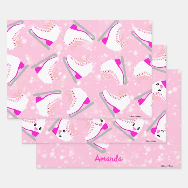 3-SET Personalized Ice Skating Patterns Pink Gift Wrapping Paper Sheet (Set)