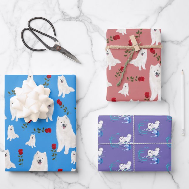 3 Sheet  Samoyed Design Gift Wrap Set (Front)