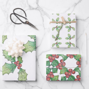 3 Sheets Gift Wrap Paper Holly Jolly