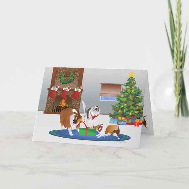 3 Shelties Unwrap A Gift, Folded Holiday Christmas Card (Front)