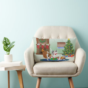 3 Shelties Unwrap A Gift, Green, Christmas Holiday Lumbar Pillow