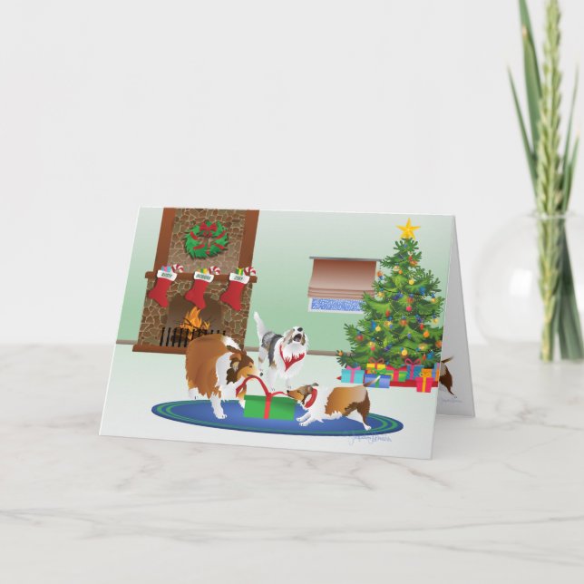 3 Shelties Unwrap A Gift, Green, Folded Christmas Holiday Card (Front)