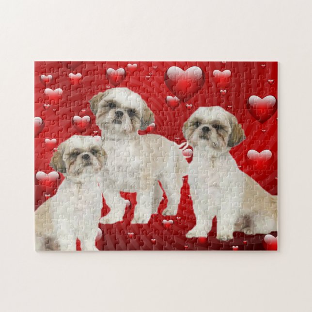 3 Shih Tzu Puppies with Heart Background Jigsaw Puzzle (Horizontal)