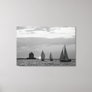3 Ships at Sunset Black&White Wrapped Canvas Print