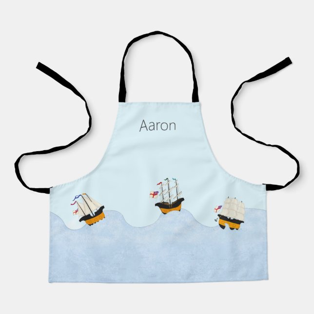 3 Ships Sailing on Rolling Waves Personalized Apron (Front)