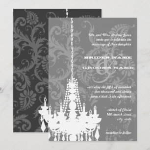 3 Silver & Grey Chandeliers Damask Wedding Invite