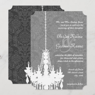 3 Silver & Grey Chandeliers Damask Wedding Invite