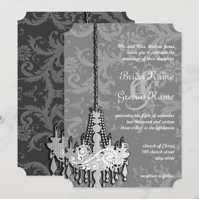 3 Silver & Grey Chandeliers Damask Wedding Invite (Front/Back)